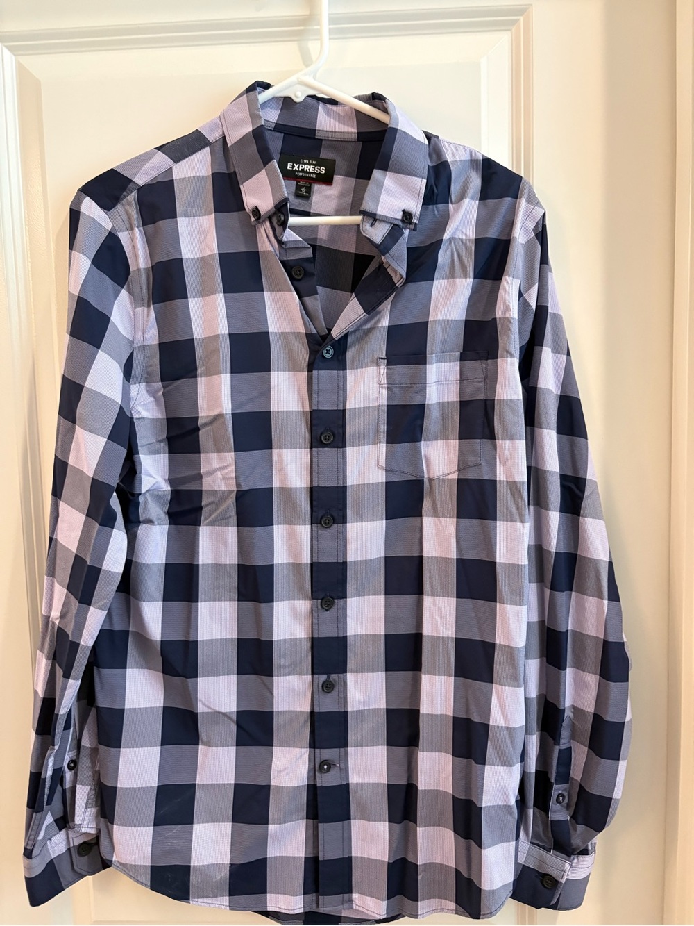 Express Men's Purple and Navy Large-Check Button-Down Shirt